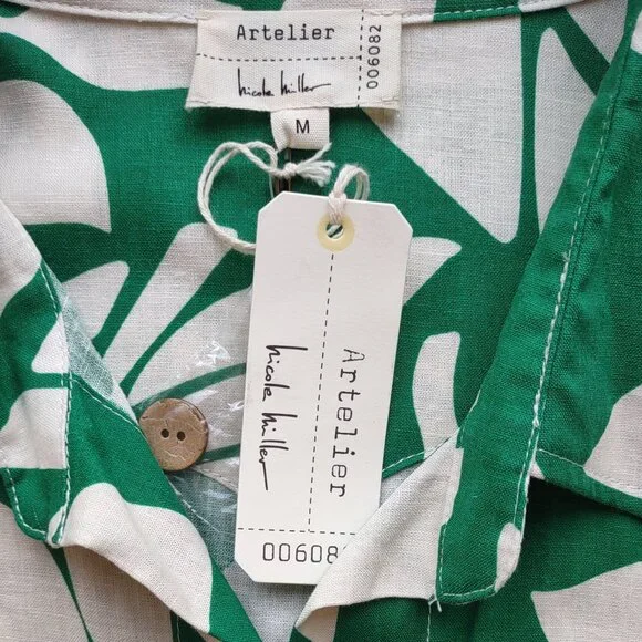 NWT Nicole Miller Linen Shirt Crop Jacket Tropical Button-Up Short Sleeve Size M - Picture 8 of 11